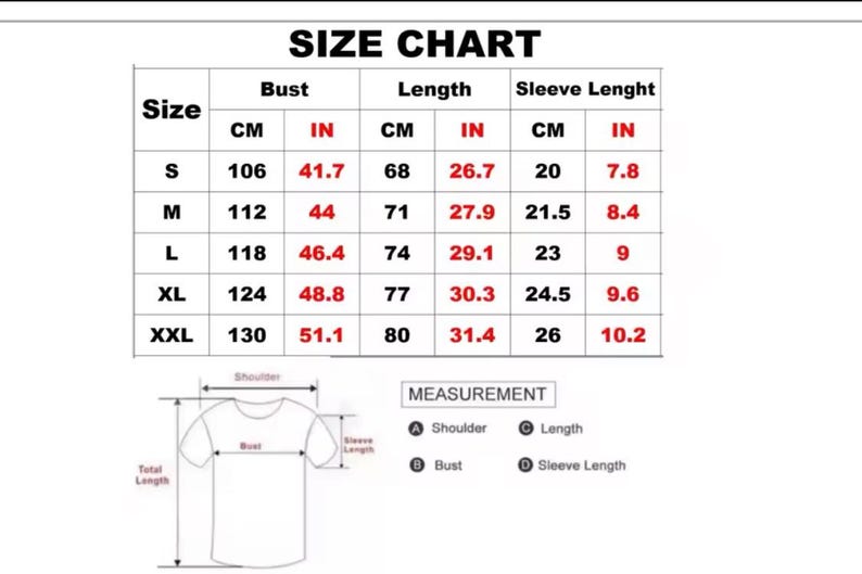 Op de afbeelding: Een maattabel voor een t-shirt met kolommen voor maat, borstomvang, lengte en mouwlengte in zowel centimeters als inches. Onder de tabel staat een lijntekening van een t-shirt met pijlen die de meetpunten voor schouder, borst, lengte en mouwlengte aangeven.