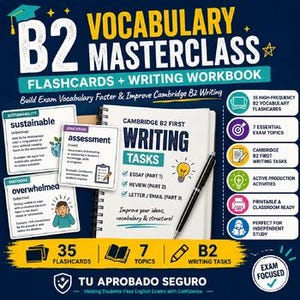 Puede incluir: Un conjunto B2 Vocabulary Masterclass que incluye tarjetas didácticas y un cuaderno de ejercicios de escritura. El material contiene tarjetas con palabras como sustainable, assessment y overwhelmed, junto a un cuaderno de espiral y un bolígrafo negro.