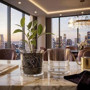 May include: Two clear glass cylindrical planters with a tiered base design. One planter contains a small green leafy plant with visible roots in dark soil, while the other is empty. Both are positioned on a white marble surface.