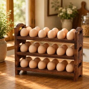 May include: A three-tiered dark brown wooden egg storage rack featuring a rectangular frame with side handles. The rack holds multiple rows of light brown eggs, with each shelf designed to keep the eggs organized and upright in a kitchen setting.