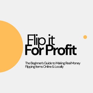 May include: A book cover design with the title "Flip it For Profit" in bold black letters. The subtitle reads "The Beginner's Guide to Making Real Money Flipping Items Online & Locally". A yellow circle and dot accent the design.