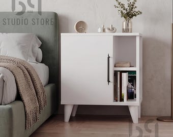 Handmade Modern White Nightstand With Cabinet and Shelves, Minimalist Bedside Storage Table