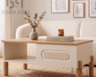 Table basse rectangulaire bohème blanche faite main, pièce maîtresse de salon moderne, bois d'ingénierie E1