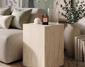 Blok Scandinavian Side Table | Travertine Look End Table | Modern Minimalist Sofa