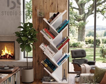 Handmade White Tree Bookshelf, Modern Display Shelf, Wooden Book Storage Organizer, Tall Book Rack