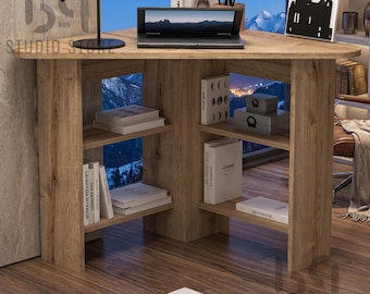 Sapphire Oak Corner Desk, Modern Computer Table, Compact Home Office Desk, Small Space Workstation