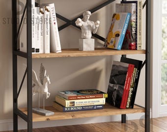 Librería industrial de 3 niveles hecha a mano, estantería rústica de madera y metal, estante de exhibición moderno