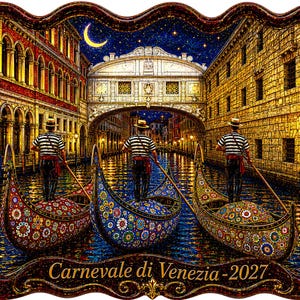 May include: A rectangular wall plaque with a wavy frame featuring a night scene of three gondoliers in striped shirts navigating colorful gondolas under the Bridge of Sighs in Venice, with the text Carnevale di Venezia 2027 at the bottom.