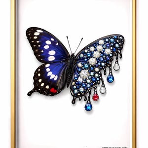May include: A framed wall art print featuring a butterfly with one wing in deep blue with white spots and a red accent, while the other wing is adorned with sparkling blue and white gems that appear to melt into teardrop-shaped jewels. ©2026 Visual Candy Studio.