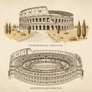 May include: A sepia-toned architectural illustration featuring two views of the Colosseum. The top view shows the exterior with surrounding trees, while the bottom view displays a cross-section. Text reads: COLISEUM NOVUM - CIRCA 80 AD and ARCHITECTURAL RECONSTRUCTION.