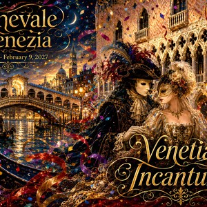 May include: A vibrant illustration of the Carnevale di Venezia featuring two figures in ornate masks and period costumes, a gondola on a canal, the Rialto Bridge, and Venetian architecture. Text reads: Carnevale di Venezia, January 30- February 9, 2027, Venetia Incantum.
