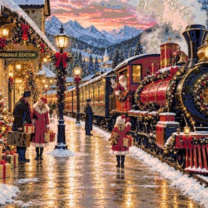 May include: A festive winter scene at Riverdale Station featuring a steam locomotive decorated with red ribbons and wreaths. People carry wrapped gifts on a snow-covered platform illuminated by street lamps, with mountains in the background.