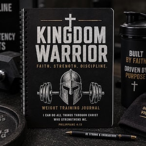 May include: A black spiral-bound weight training journal titled KINGDOM WARRIOR with a spartan helmet and barbell graphic. The cover features the text FAITH, STRENGTH, DISCIPLINE and the verse I CAN DO ALL THINGS THROUGH CHRIST WHO STRENGTHENS ME.