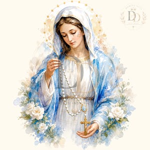 May include: A watercolor illustration of the Virgin Mary wearing a white dress and a flowing blue veil, holding a white beaded rosary with a gold crucifix. The figure is surrounded by white roses and a soft golden halo of stars against a cream background.
