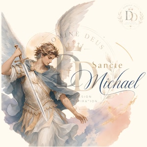 Puede incluir: Una ilustración digital de un ángel con grandes alas sosteniendo una espada, vistiendo una armadura clara y una capa azul. El texto 'Sancte Michael' está escrito en letra elegante, acompañado por un logotipo circular con las letras 'DD'.