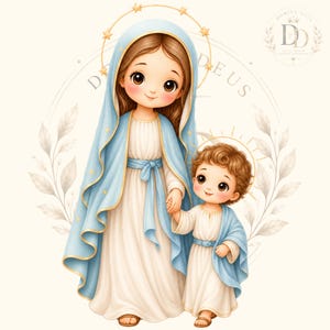 May include: A stylised illustration of a figure with long brown hair wearing a light blue veil and white robe, holding the hand of a small child with curly brown hair in a white robe and blue shawl. Both have halos with stars and light.