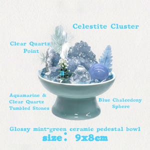 Naturlig kristallbonsai handgjord blå ädelstensklusterarrangemang inflyttningspresent till henne kristallläkning 03 Celestite Calm