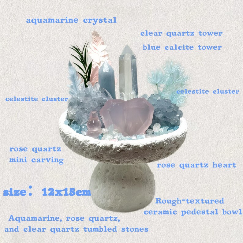 Naturlig kristallbonsai handgjord blå ädelstensklusterarrangemang inflyttningspresent till henne kristallläkning 02 Soft Heart Garden