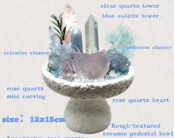 Hjärtläkande kristallskål, rosenkvarts och akvamarin för meditation, altare, andlig dekor, kristallbonsai
