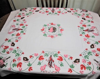 REDUCED HTF Broderie Chicks, Wine Jug, Chianti, leaves vines tablecloth
