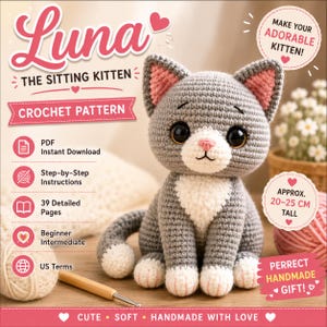 Häkelanleitung für ein sitzendes Kätzchen | Amigurumi-Katzenspielzeug (PDF, Sofort-Download)