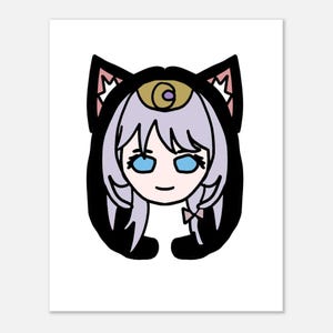 May include: A digital illustration of a character head with light purple hair, bright blue eyes, and a small pink bow at the neck. The character wears a black hood with pointed cat ears featuring pink inner details and a gold crescent moon emblem.