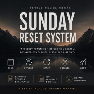May include: Dark, moody graphic with the text "SUNDAY RESET SYSTEM" over a mountain and lake landscape. The image promotes a weekly planning and reflection system for clarity, discipline, and growth, with icons for planning, reflecting, and growing.