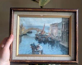 Small Vintage Marina di Chioggia Oil Painting Print on Canvas - Wood Framed