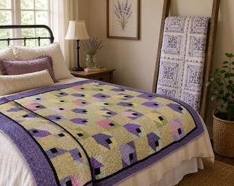 Handgemachte Vintage Lavendel Patchwork Quilt Twin Size Cottagecore Floral Decke