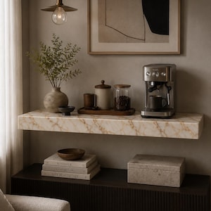 Könnte beinhalten: Ein schwebendes Marmorregal mit goldener Maserung trägt eine Breville-Espressomaschine, ein Glas mit Kaffeebohnen, einen Keramikbehälter, eine kleine Schale und eine Vase mit Grünpflanzen. Darunter steht ein dunkler Schrank mit drei gestapelten Büchern.