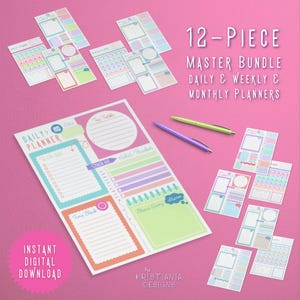 12-delat pastellplaneringspaket, utskrivbar PDF, daglig veckovis månadsagenda | Digital nedladdning