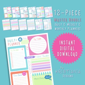 Pacote completo com 12 planejadores, formato A4 para impressão, conjunto de agendas diárias, semanais e mensais, planejadores em tons pastel, pacote completo de planejadores em PDF, download digital.