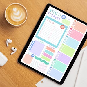 May include: A digital tablet displaying a colorful weekly planner template with sections for to-do lists, priorities, and notes. The screen features pastel-colored boxes, a calendar icon, and the text Weekly Planner in a purple script font.