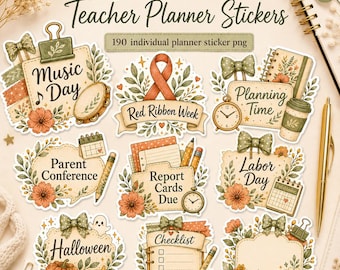 Teacher Planner Stickers Boho Themed png, Lesson plan stickers, Digital Planner Holiday stickers