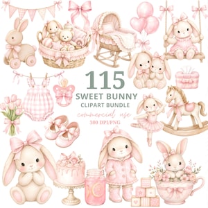 Può includere: Una collezione di clipart digitali con illustrazioni ad acquerello di coniglietti, una culla in vimini, un cavallo a dondolo, palloncini, una torta, scarpine da neonato e decorazioni per la cameretta in tonalità rosa, etichettata 115 SWEET BUNNY CLIPART BUNDLE.