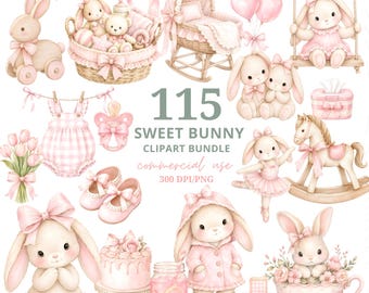 Può includere: Una collezione di clipart digitali con illustrazioni ad acquerello di coniglietti, una culla in vimini, un cavallo a dondolo, palloncini, una torta, scarpine da neonato e decorazioni per la cameretta in tonalità rosa, etichettata 115 SWEET BUNNY CLIPART BUNDLE.