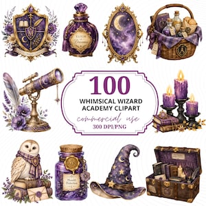 May include: A digital collection of 100 wizard academy themed clipart graphics featuring purple and gold illustrations including a crest, potion bottles, a moon mirror, a wicker basket, a telescope, candles, an owl, a hat, and a trunk with books.