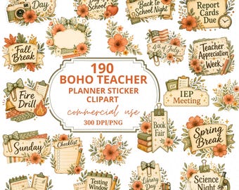 Digital Boho Themed Teacher Planner Stickers 190 Individual PNG Planner Stickers Teacher Planner Clipart Printable Digital Planner Stickers