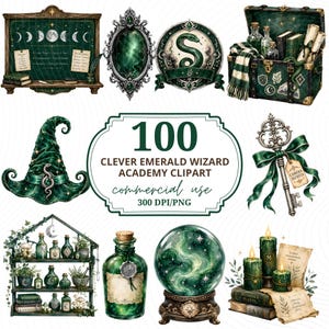 Puede incluir: Una colección de ilustraciones digitales con artículos de mago en color verde esmeralda, incluyendo una pizarra, un espejo ornamentado, un emblema de serpiente, un baúl, un sombrero, una llave, un estante de pociones, una botella, una bola de cristal y velas con el texto 100 CLEVER EMERALD WIZARD ACADEMY CLIPART.