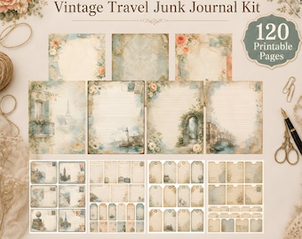 Vintage Travel Junk Journal Pages, Ephemera kit, Shabby Chic Dusty teal Wander and Bloom Collection, Digital Download 120 pages Vintage tags