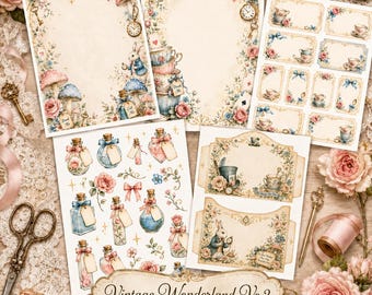 Kit de scrapbooking Vintage Wonderland, páginas imprimibles para diario creativo estilo shabby chic, artículos para fiestas de té, descarga digital vol. 2