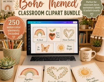 Boho Classroom Clipart Bundle, Watercolor Teacher Graphics, Neutral Decor (Digital Download)