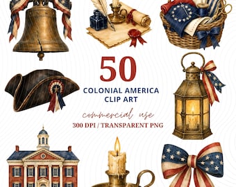 Watercolor Colonial America Clipart Bundle, 4th of July Clipart, Vintage Americana png, 1776 Colonial Patriotic Clip art