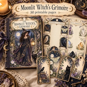 May include: A Moonlit Witch's Grimoire set featuring a book with a dark gown-wearing figure, a black cat, and a lantern. Includes 50 printable pages, decorative tags with moths, ravens, and cats, and stationery sheets labeled Creatures of the Night.