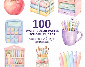 Watercolor School Supplies Clipart, Pastel Classroom Decor PNG Bundle, Teacher Planner Graphics, Back to School Digital Clip Art