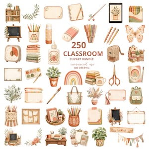 May include: A digital collection of 250 classroom-themed watercolour illustrations featuring school supplies, books, plants, backpacks, and stationery. The text 250 CLASSROOM CLIPART BUNDLE commercial use 300 DPI/PNG is centred among the various icons.