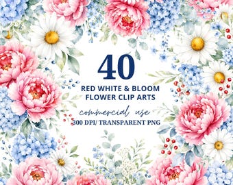 Watercolor Red White Bloom Floral Clipart, Peonies Hydrangeas (Digital Download) 4th of July flowers png, summer flowers