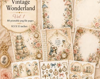 Kit de diario de recortes Vintage Wonderland, páginas de diario imprimibles estilo shabby chic, efímeros para fiestas de té, kit de álbum de recortes vintage, descarga digital vol. 1