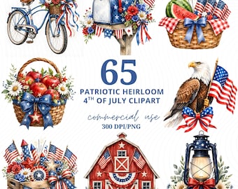 4th of July Patriotic Heirloom Clip art bundle, Watercolor July 4th PNG, Patriotic Icon images