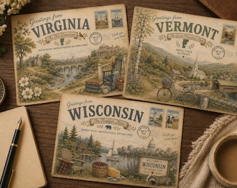 Vintage Watercolor USA Postcards Bundle, 50 States Travel Clipart (Digital Download)